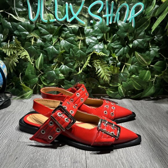 Ganni Wide Welt Buckle Faux Leather Pointed Toe Ballerina Flats Shoes Red 9 - Picture 1 of 9